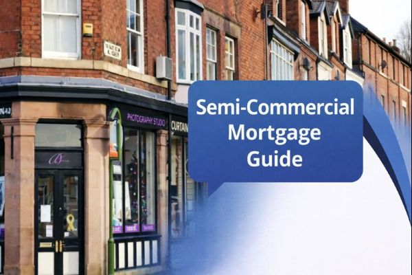 Banner image showing a row of red brick high street buildings with ground floor shopfronts and upper level windows. The right side has a smooth white to blue curved transition in Connect Mortgages brand colours, filling the full height. A blue speech bubble contains the title “Semi-Commercial Mortgage Guide”.