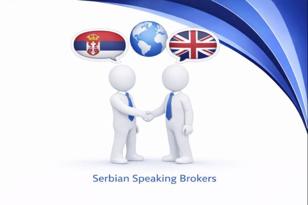 Serbian Speaking Brokers graphic showing two white 3D figures in blue ties shaking hands, with high resolution Connect Mortgages branded blue curved design and speech bubbles displaying the Serbian flag, a globe, and the UK flag above them.