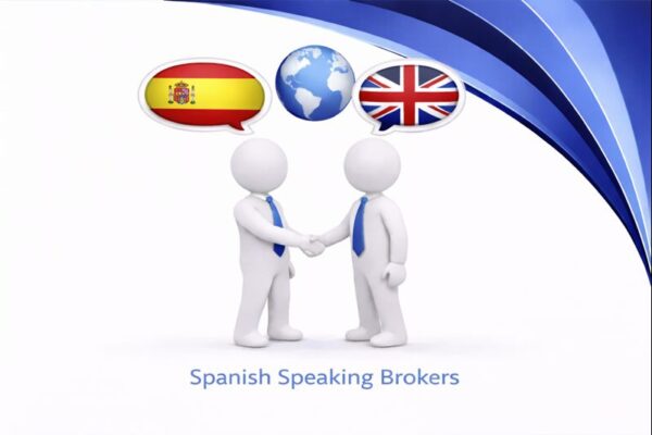 Spanish Speaking Brokers graphic showing two white 3D figures in blue ties shaking hands, with high resolution Connect Mortgages branded blue curved design and speech bubbles displaying the Spanish flag, a globe, and the UK flag above them.