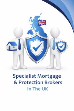 3D illustration in a 240x300 format showing two white humanoid figures in Connect Mortgages branded blue tones. One holds a house icon representing specialist mortgages, and the other holds a shield with a checkmark representing protection. A blue map of the UK appears behind them, symbolising specialist mortgage and protection brokers operating across the UK, on a clean white background.
