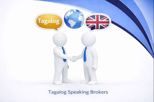 Tagalog Speaking Brokers graphic showing two white 3D figures in blue ties shaking hands, with speech bubbles displaying the word “Tagalog”, a globe, and the UK flag above them, set against Connect Mortgages branded blue curved design.
