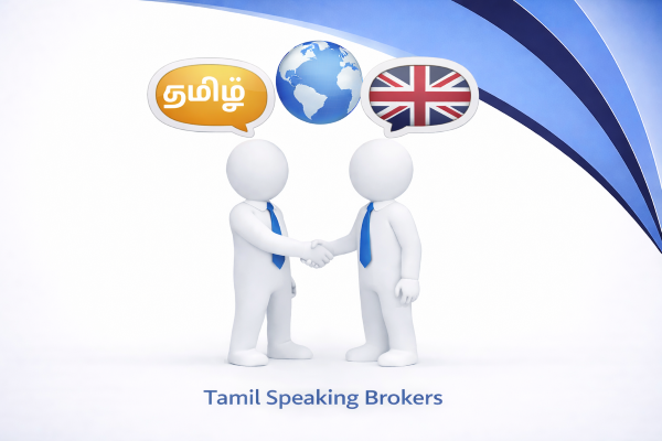 Tamil Speaking Brokers graphic showing two white 3D figures in blue ties shaking hands, with speech bubbles displaying the Tamil word “தமிழ்”, a globe, and the UK flag above them, set against Connect Mortgages branded blue curved design.