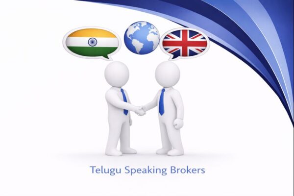Telugu Speaking Brokers graphic showing two white 3D figures in blue ties shaking hands, with high resolution Connect Mortgages branded blue curved design and speech bubbles displaying the Indian flag, a globe, and the UK flag above them.