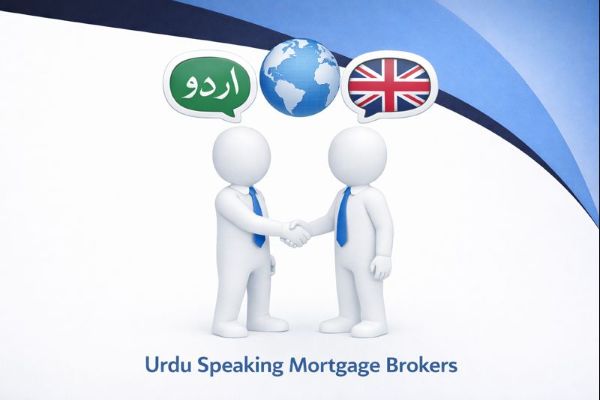Urdu speaking mortgage brokers represented by two professionals shaking hands, with Urdu and UK language icons showing bilingual mortgage advice in the UK