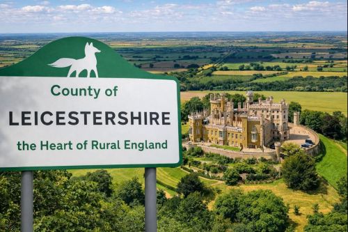 A countryside landscape in Leicestershire with rolling green fields stretching into the distance, featuring a historic castle set among trees, and a large green roadside sign in the foreground reading “County of Leicestershire – the Heart of Rural England” with a fox emblem at the top.