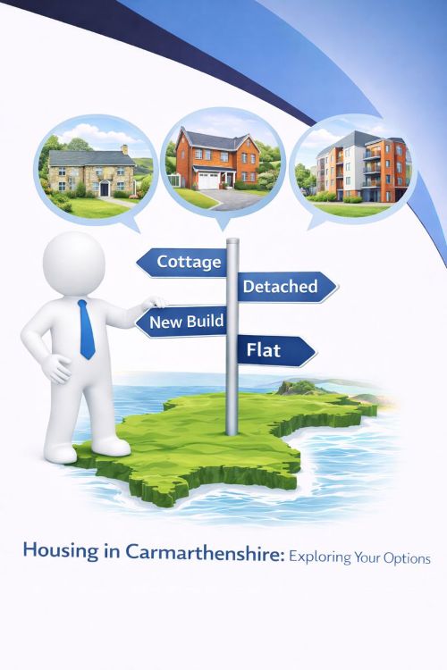 3D illustration in a 240x300 format showing a white humanoid figure in a blue tie standing on a stylised map of Carmarthenshire beside a signpost. Above the figure are speech bubbles showing different housing options including a cottage, a detached house, and a modern flat, representing housing choices in Carmarthenshire, using Connect Mortgages branded blue tones on a white background.