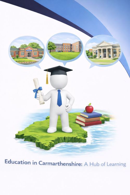 3D illustration in a 240x300 format showing a white humanoid figure in a graduation cap and blue tie standing on a stylised map of Carmarthenshire. The figure holds a diploma, with books and an apple nearby. Above are speech bubbles showing a primary school, secondary school, and university, representing education opportunities in Carmarthenshire, using Connect Mortgages branded blue tones on a white background.