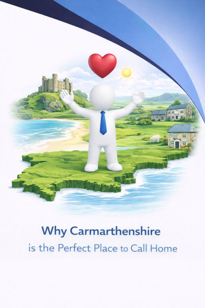 2D illustration showing a white humanoid figure in a blue tie standing on a stylised map of Carmarthenshire with arms raised beneath a heart symbol. The scene includes Carmarthenshire’s coastline, rolling countryside, a historic castle, and a small town with local shops and homes, representing why Carmarthenshire is the perfect place to call home, using Connect Mortgages branded blue tones on a white background.