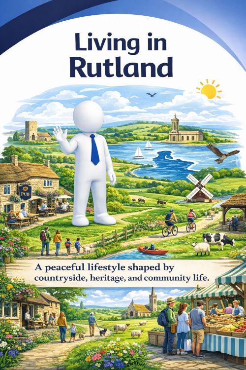Illustration titled “Living in Rutland” showing a peaceful rural lifestyle in England’s smallest county. The scene features Rutland Water with sailing and kayaking, open countryside with gentle hills and farmland, stone villages with traditional pubs, cyclists and walkers on country paths, local markets, historic churches, Oakham Castle, wildlife including birds and sheep, and a friendly white 3D character, all presented in calm blue and green tones that reflect heritage, nature, and strong community life.