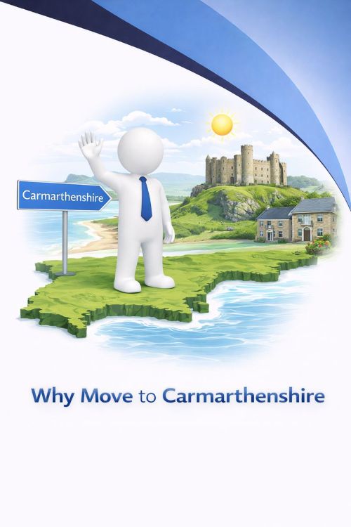 3D illustration in a 240x300 format showing a white humanoid figure in a blue tie standing on a stylised map of Carmarthenshire and waving beside a signpost. The scene includes a sandy coastline, green countryside, a historic stone castle, traditional homes, and sunshine, representing reasons to move to Carmarthenshire, using Connect Mortgages branded blue tones on a white background.