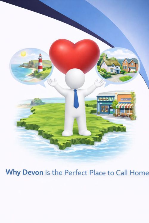 3D illustration in a 240x300 format showing a white humanoid figure in a blue tie standing on a stylised map of Devon with arms raised beneath a heart symbol. Surrounding the figure are scenes of Devon’s coastline with a lighthouse, traditional homes, and local shops and cafés, representing why Devon is the perfect place to call home, using Connect Mortgages branded blue tones on a white background.
