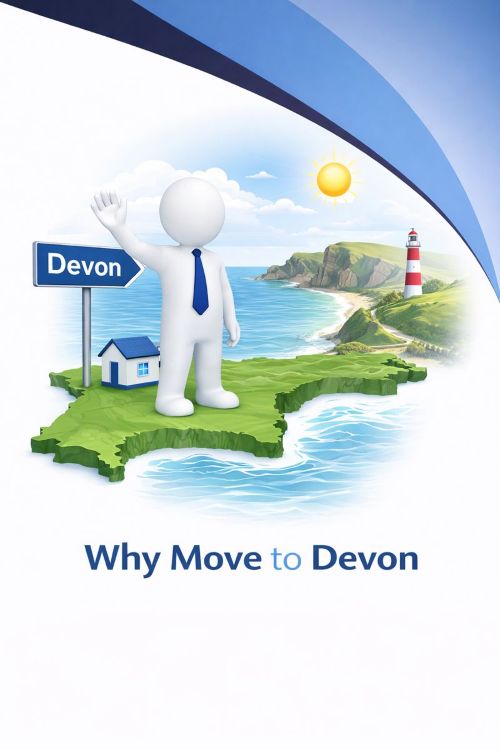 3D illustration in a 240x300 format showing a white humanoid figure in a blue tie standing on a stylised map of Devon. The scene includes a coastal landscape with sea cliffs, a lighthouse, sunshine, a small house, and a sign pointing to Devon, representing reasons to move to Devon, using Connect Mortgages branded blue tones on a white background.