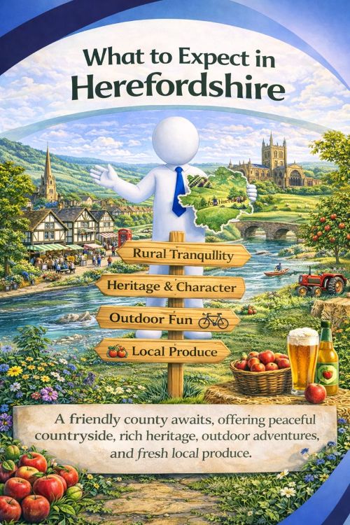 Illustration titled “What to Expect in Herefordshire” showing everyday life and landscapes across the county. The scene features rolling countryside, rivers and stone bridges, apple orchards, traditional market towns with timber-framed buildings, Hereford Cathedral, and outdoor activities such as walking, cycling, and kayaking. A friendly white 3D character stands beside signposts highlighting rural tranquillity, heritage and character, outdoor living, and local produce, all presented in natural green and blue tones.