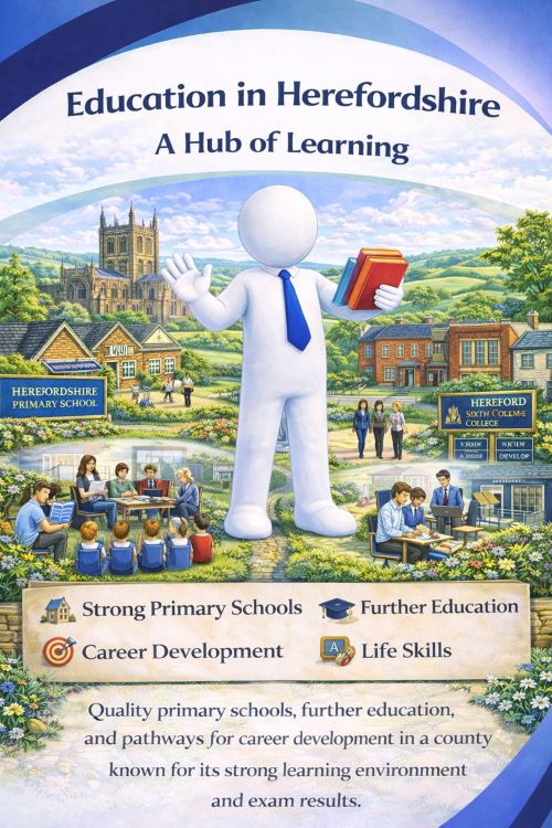 Illustration titled “Education in Herefordshire: A Hub of Learning” showing the county’s education landscape. The scene features Hereford Cathedral in the background, alongside primary schools, secondary and further education settings, and students learning in classrooms and outdoor spaces. A friendly white 3D character holds books, representing learning and guidance, with visuals highlighting strong primary education, further education, career development, and life skills, all set within Herefordshire’s green countryside and market town environment.