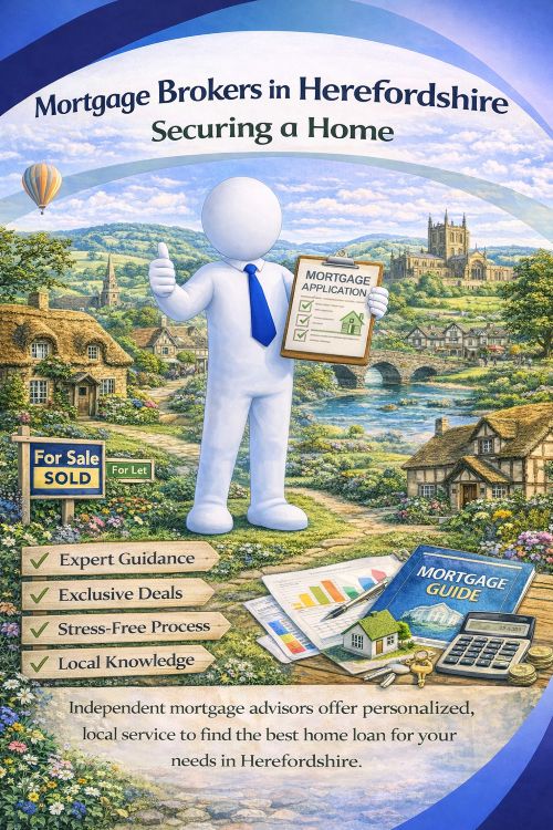Illustration titled “Mortgage Brokers in Herefordshire: Securing a Home” showing local mortgage support within a rural Herefordshire setting. The scene features a friendly white 3D character holding a completed mortgage application and house keys, set against rolling countryside, stone cottages, a river and bridge, and Hereford Cathedral. Visual elements include for sale and to let signs, financial documents, and icons highlighting expert guidance, exclusive deals, a stress-free process, and local knowledge, representing how local mortgage brokers help buyers secure homes in Herefordshire.