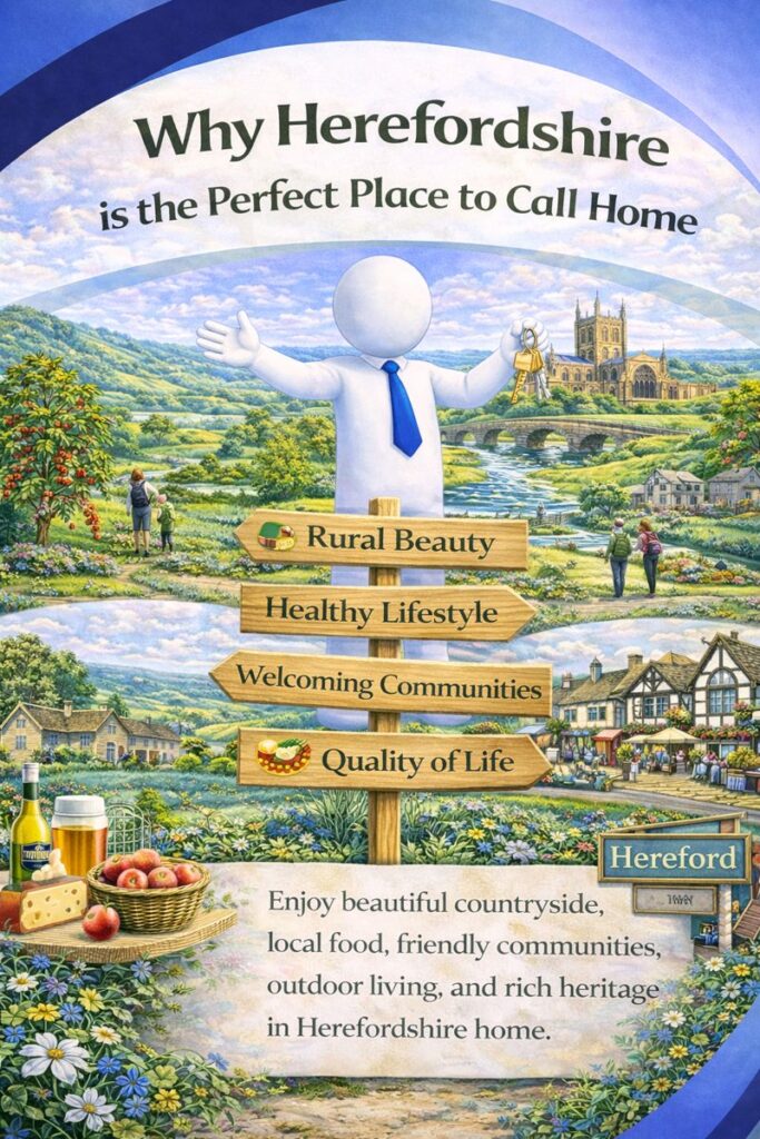 Illustration titled “Why Herefordshire is the Perfect Place to Call Home” showing the county’s rural beauty and high quality of life. The scene features rolling countryside, rivers and stone bridges, apple orchards, walking trails, historic villages, local markets, and Hereford Cathedral. A friendly white 3D character holds house keys beside signposts highlighting rural beauty, a healthy lifestyle, welcoming communities, and quality of life, with local food and drink shown to reflect Herefordshire’s strong sense of place and community.