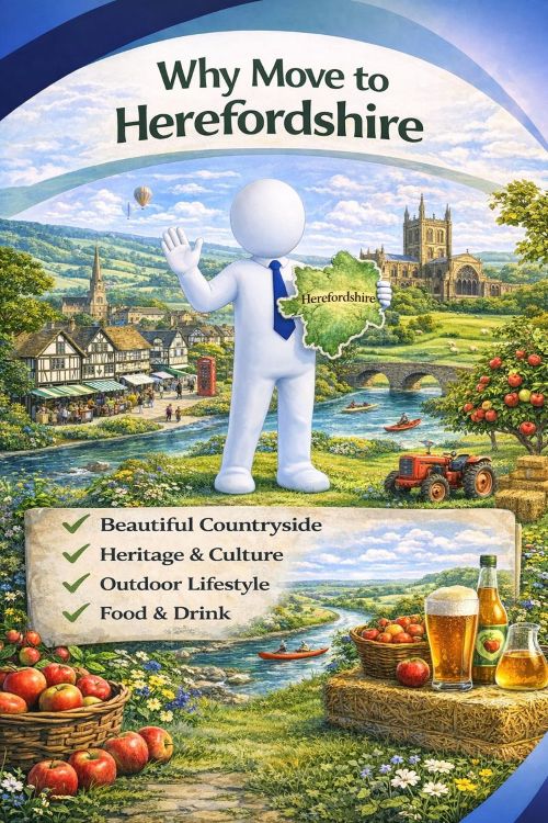 Illustration titled “Why Move to Herefordshire” showing the county’s rural charm and lifestyle appeal. The scene features rolling countryside, apple orchards, rivers and bridges, historic market towns, timber-framed buildings, a cathedral, and outdoor activities such as walking and kayaking. A friendly white 3D character holds a map of Herefordshire, with icons highlighting beautiful countryside, heritage and culture, outdoor living, and local food and drink, all presented in warm green and blue tones.
