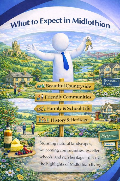 Illustration titled “What to Expect in Midlothian” showing everyday life and surroundings in Midlothian, Scotland. The scene features rolling countryside, rivers, stone cottages, family homes, historic buildings, and views towards Edinburgh. A friendly white 3D character holds house keys beside signposts highlighting beautiful countryside, friendly communities, family and school life, and history and heritage, with local produce and outdoor activities reinforcing Midlothian’s balanced and family friendly lifestyle.