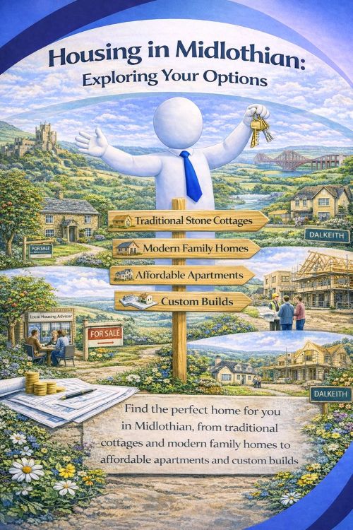 Illustration titled “Housing in Midlothian: Exploring Your Options” showing the range of housing choices across Midlothian, Scotland. The scene features traditional stone cottages, modern family homes, affordable apartments, and custom build properties set within rolling countryside and nearby towns such as Dalkeith. A friendly white 3D character holds house keys beside signposts highlighting different property types, with details including for sale signs, housing advisers, and construction sites, reflecting the variety of homes available for different lifestyles and budgets.