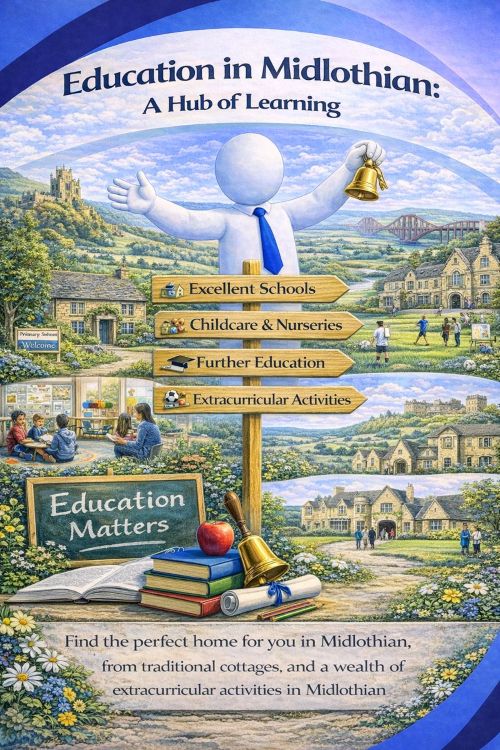 Illustration titled “Education in Midlothian: A Hub of Learning” showing the county’s education landscape in Scotland. The scene features nurseries, primary and secondary schools, further education settings, and children taking part in classroom learning and outdoor activities. A friendly white 3D character stands beside signposts highlighting excellent schools, childcare and nurseries, further education, and extracurricular activities, set within Midlothian’s countryside with historic buildings and local communities in the background.