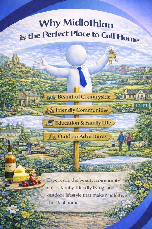 Illustration titled “Why Midlothian is the Perfect Place to Call Home” showing the lifestyle appeal of Midlothian, Scotland. The scene features rolling countryside, rivers, stone villages, family homes, outdoor walking routes, local markets, and views towards Edinburgh with key landmarks in the distance. A friendly white 3D character holds house keys beside signposts highlighting beautiful countryside, friendly communities, education and family life, and outdoor adventures, representing Midlothian’s strong sense of community and high quality of life.