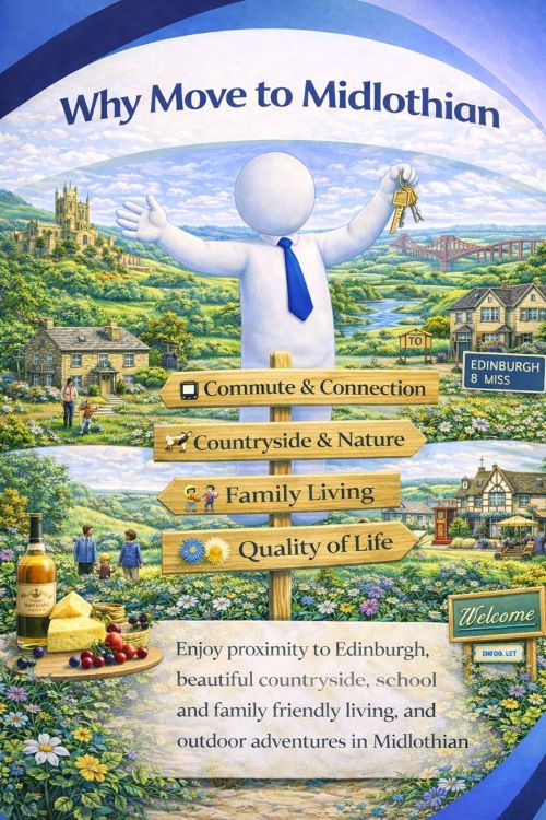 Illustration titled “Why Move to Midlothian” showing the appeal of living in Midlothian, Scotland. The scene features rolling countryside, rivers, stone cottages, family homes, historic buildings, and views towards Edinburgh, including a bridge and clear transport links. A friendly white 3D character holds house keys beside signposts highlighting commuting and connection, countryside and nature, family living, and quality of life, with local produce and outdoor activities reinforcing Midlothian’s balanced lifestyle.