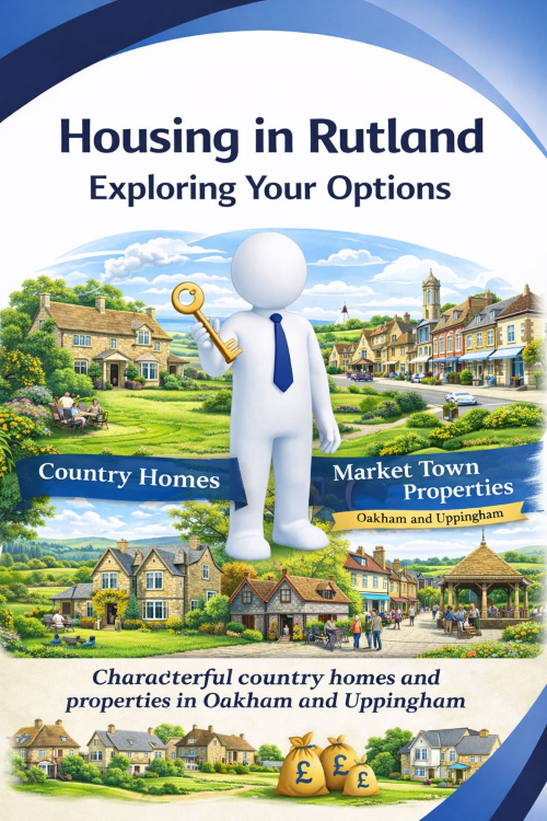 Illustration titled “Housing in Rutland: Exploring Your Options” showing different housing types across Rutland. The scene features a friendly white 3D character holding a key, standing between rural country homes with large gardens and traditional stone architecture, and market town properties in Oakham and Uppingham with period houses, shops, and community spaces. The image reflects a quieter pace of life, countryside living, strong local communities, and a range of property options, presented in calm blue and green tones.