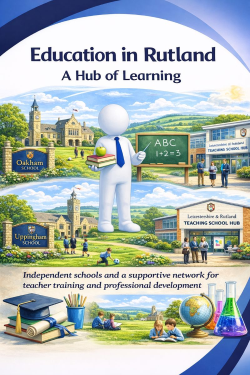 Illustration titled “Education in Rutland: A Hub of Learning” showing Rutland’s educational landscape. The scene features independent schools including Oakham School and Uppingham School set within green countryside, alongside the Leicestershire and Rutland Teaching School Hub representing teacher training and professional development. A friendly white 3D character holds books beside a chalkboard, with pupils, teachers, and learning resources shown to reflect academic achievement, collaboration, and a holistic approach to education in Rutland.