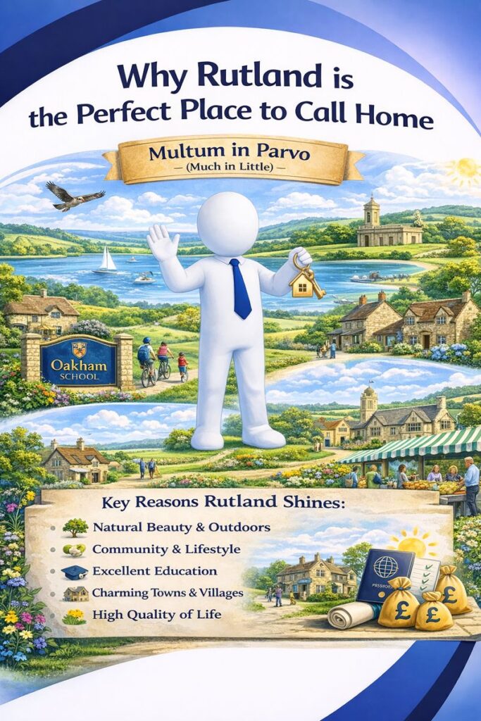 Illustration titled “Why Rutland is the Perfect Place to Call Home” showing Rutland’s natural beauty, strong communities, and high quality of life. The scene features Rutland Water with sailing and birdlife, rolling countryside, cycling routes, historic market towns such as Oakham and Uppingham, stone villages, local markets, and independent schools. A friendly white 3D character holds a house key beneath the motto “Multum in Parvo”, representing England’s smallest county offering rich lifestyle benefits, excellent education, low crime, and a welcoming community atmosphere.