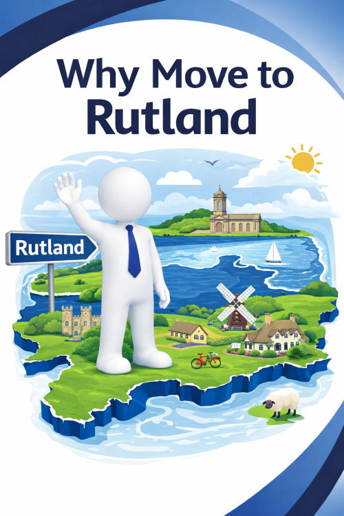 Illustration titled “Why Move to Rutland” showing a friendly white 3D character waving while standing on a stylised map of Rutland. The map features Rutland Water with sailing boats, green countryside, a church, traditional villages, a windmill, a castle, cycling paths, and farmland with sheep, all in blue and white brand colours with curved graphic accents.