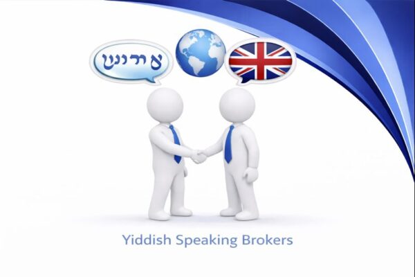Yiddish Speaking Brokers graphic showing two white 3D figures in blue ties shaking hands, with high resolution Connect Mortgages branded blue curved design and speech bubbles displaying Yiddish text, a globe, and the UK flag above them.