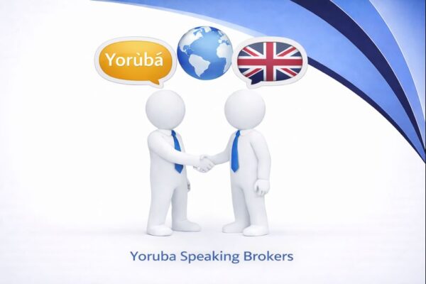 Yoruba Speaking Brokers graphic showing two white 3D figures in blue ties shaking hands, with speech bubbles displaying the Yoruba language text, a globe, and the UK flag above them, set against Connect Mortgages branded blue curved design.