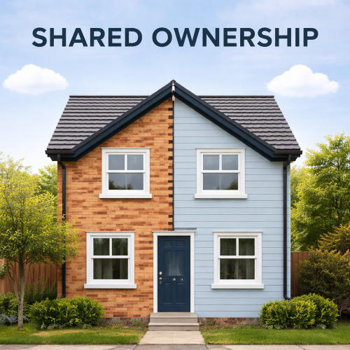 Photorealistic image of a two storey semi detached house split down the middle, with one half in red brick and the other in light blue cladding, a dark blue front door centred between white framed windows, a grey tiled roof, and a neat front garden under a blue sky with the words Shared Ownership above.