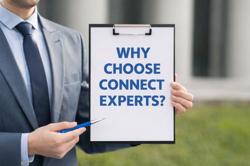 A professional wearing a grey suit holds a clipboard displaying the message “Why Choose Connect Experts?” in blue branded text, while pointing at it with a pen, set against a softly blurred outdoor background.