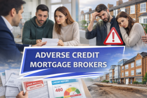Promotional graphic for adverse credit mortgage brokers showing a couple reviewing paperwork with a broker, worried expressions indicating credit challenges, a warning symbol, and modern residential buildings in the background, representing specialist support for clients with poor credit histories.