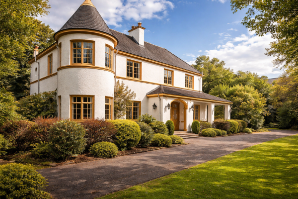 Large white country house with a rounded turret and slate roof, featuring gold-trimmed windows and doors, surrounded by landscaped shrubs, a paved driveway, and a bright green lawn under a blue sky with scattered clouds.