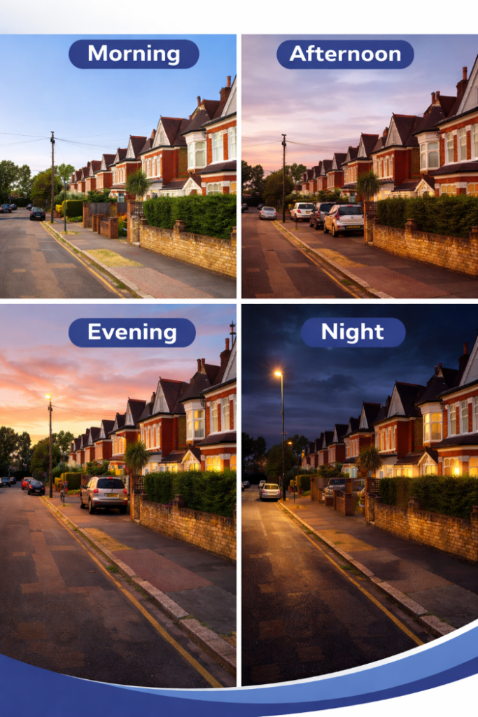 Collage of the same suburban residential street shown at four different times of day, featuring rows of red-brick houses with hedges and parked cars, under varying light conditions from bright daylight to evening glow and nighttime street lighting.