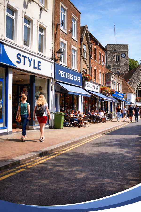 Illustrated British high street scene with brick shopfronts, pedestrians walking along the pavement, a church tower in the background, and branded blue curved design elements framing the image.