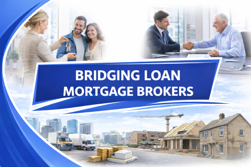 Promotional graphic for bridging loan mortgage brokers showing a property handover with keys, a professional handshake in an office, and residential buildings under renovation, representing short-term property finance without currency or cash imagery.