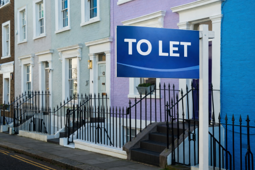 Traditional row of pastel coloured British terraced houses with black iron railings and steps leading to each front door. In the foreground, a blue branded estate agent board mounted on a white post displays the words “TO LET” in bold white lettering. This represents Buy-to-Let Mortgage