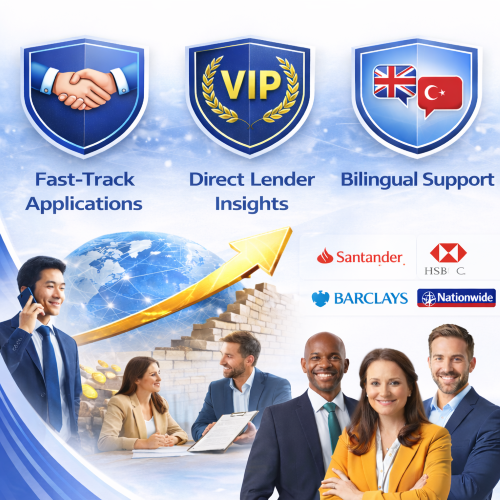 Square promotional graphic showing three shield icons labelled fast-track applications, direct lender insights, and bilingual support, with a row of UK mortgage lender logos beneath, including major high street and specialist lenders, set on a clean blue and white background representing streamlined mortgage access and expert broker support.