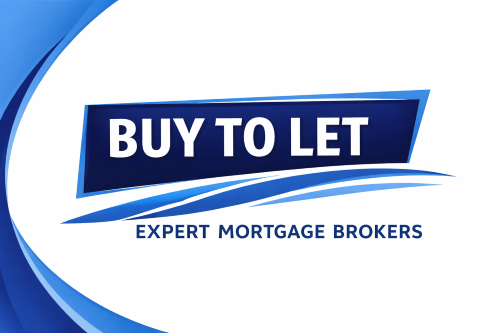 Blue and white promotional graphic with curved wave elements, featuring bold “Buy to Let” text and the tagline “Expert Mortgage Brokers” in a clean, modern design.