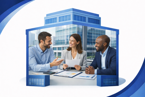 Three business professionals sitting at a table reviewing documents and discussing finance, set inside a blue branded outline shaped like a commercial office building with large windows. A modern glass office block appears in the background, reinforcing the commercial mortgage theme, with curved blue design elements framing the image.