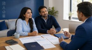 Complex Income Mortgages consultation with an adviser, showing a couple reviewing varied income documents including payslips, self-employed income, bonus income and rental income in a modern blue-toned office.