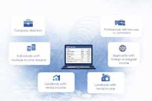 infographic illustrating Complex Income Mortgages scenarios, with a central laptop displaying a clear UK bank statement in pounds sterling (£). Surrounding the laptop are labelled panels for Company Directors, Professionals with Bonuses or Commission, Individuals with Multiple Income Streams, Landlords with Rental Income, and Applicants with Foreign or Irregular Income, all connected by flowing lines to represent multiple income sources.