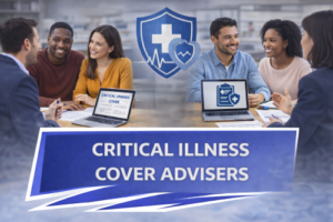 Two mixed-ethnicity couples meeting with professional advisers at a desk, reviewing critical illness cover information on laptops in a modern office, with a blue banner reading “Critical Illness Cover Advisers” and healthcare shield icons in the background.