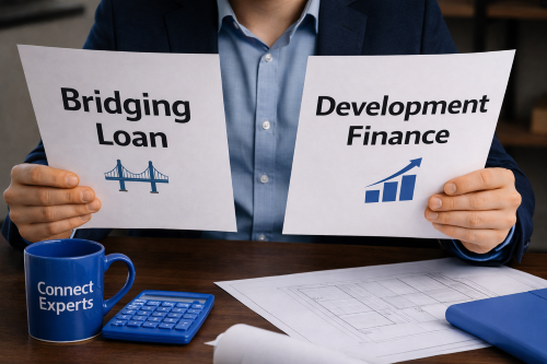 Professional desk scene showing a person holding two documents labelled “Bridging Loan” and “Development Finance,” with a blue Connect Experts branded mug, calculator, and stationery in matching blue tones on a wooden table, representing short-term and development finance solutions.