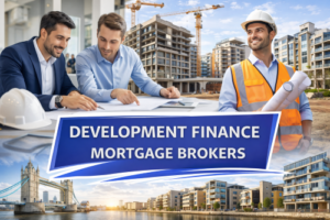 Promotional graphic for development finance mortgage brokers showing professionals reviewing construction plans, a site manager in safety gear holding blueprints, and modern residential buildings under development in the background, conveying property development and specialist finance support.