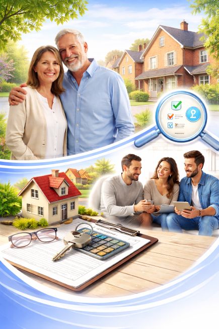 Illustration showing an older couple smiling outside their family home, with supporting scenes of home paperwork, a house model, and family discussion indoors, representing equity release planning and financial understanding without any currency imagery.