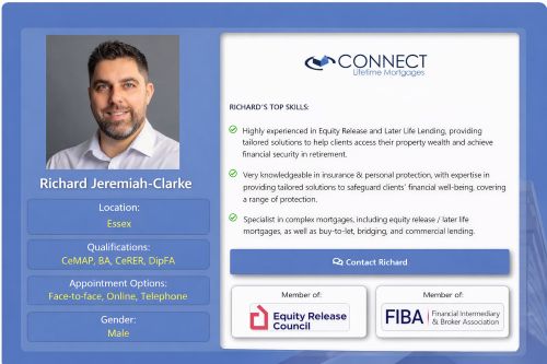 Professional profile card for Richard Jeremiah-Clarke of Connect Lifetime Mortgages, showing his headshot on the left with details including location in Essex, qualifications, appointment options, and gender, alongside a panel listing his top skills in equity release and later life lending, with contact button and membership logos for the Equity Release Council and FIBA on a blue and white background.